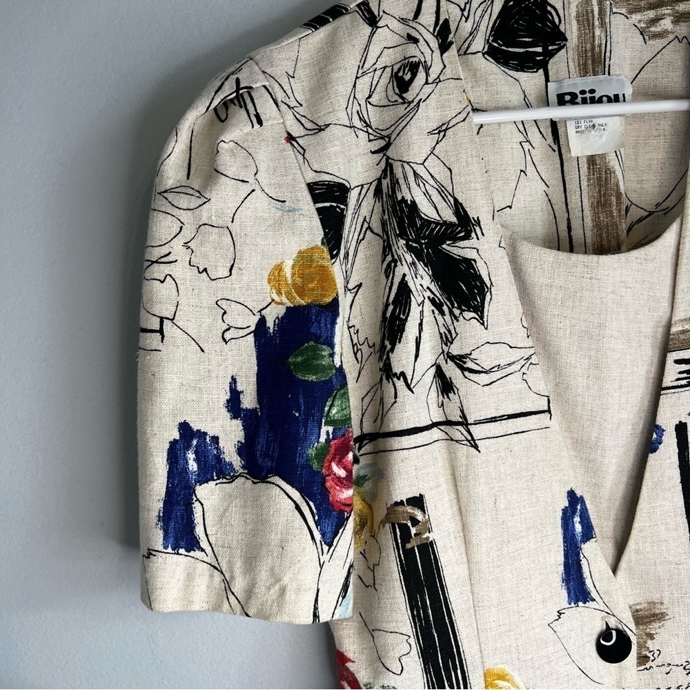 Vintage Bijou Abstract Painted Jacket Short Sleeve Artsy USA Sz S Cream Teacher - Picture 4 of 11